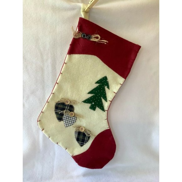 Felt Red and White Christmas Stocking w/Hearts and Trees - Picture 1 of 8
